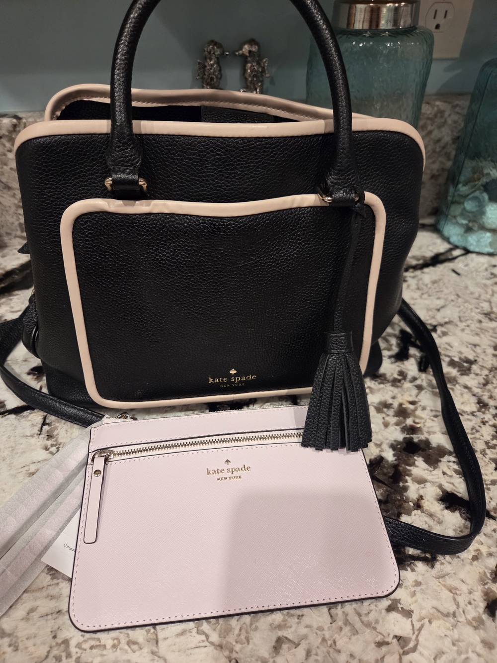 kate spade Black and Pale Pink Pebbled Leather Satchel with Pink Wristlet